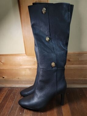 Kurt Geiger Black Knee-High Leather Boots with Gold Button Accents